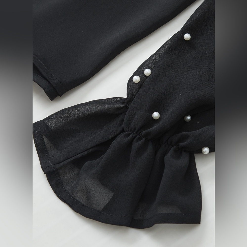 Black Pearl Mesh Flounce Sleeve V Neck Blouse - Picture 15 of 15